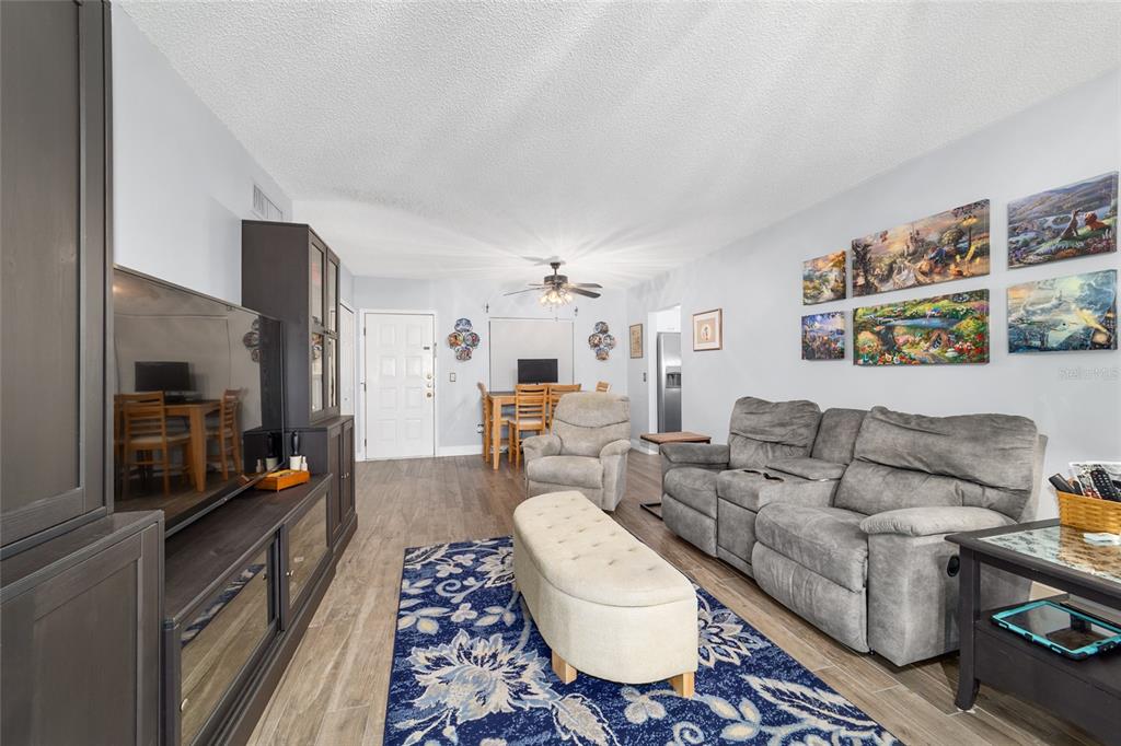 A living room features a gray sofa, an ottoman, a blue rug, and wood-look flooring — 3535 NE FORT KING STREET UNIT 261, OCALA, FL