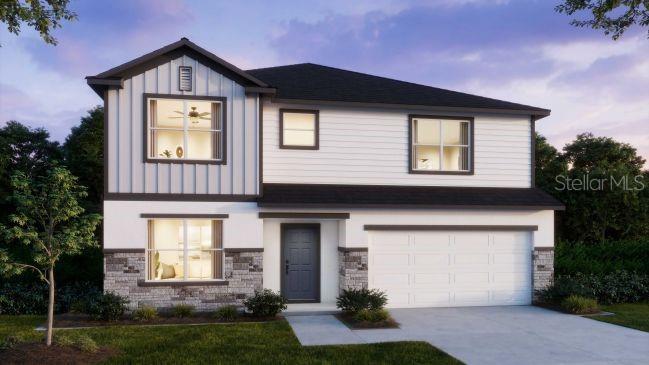 A digital rendering of a two-story suburban house with a white exterior and stone accents — 30621 PRESTWICK AVENUE, SORRENTO, FL