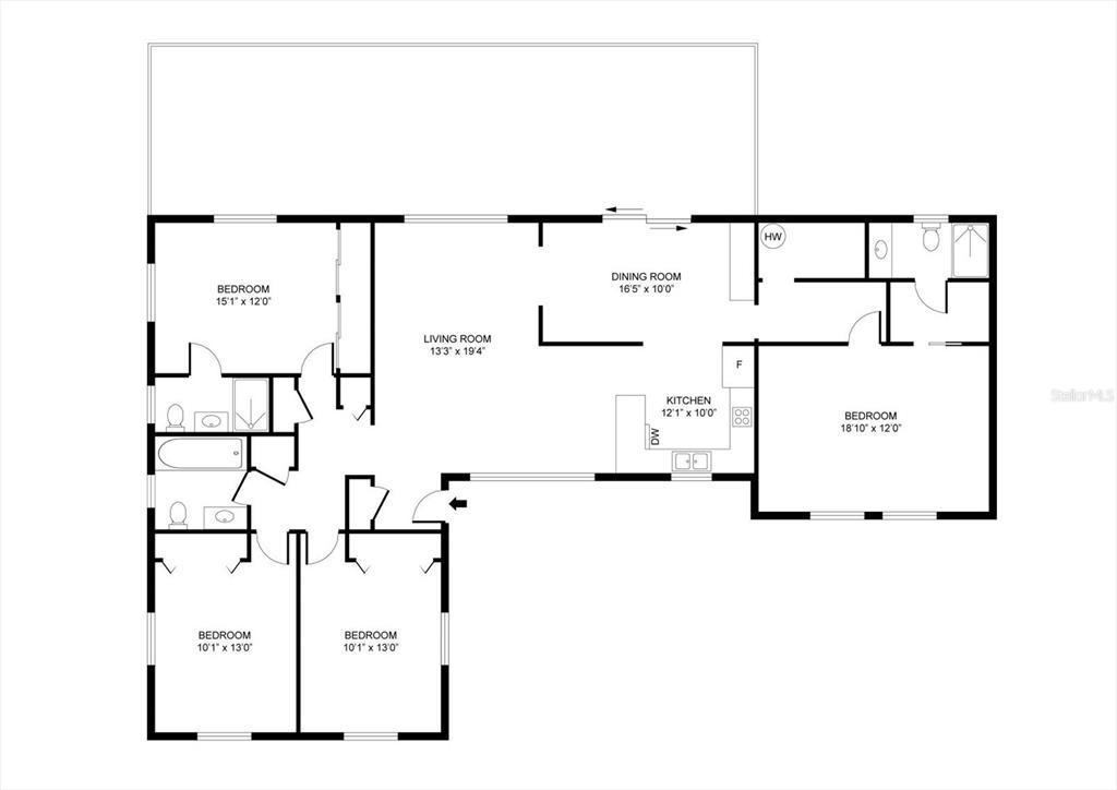 This is a floor plan of a house with four bedrooms, a kitchen, and living areas — 4528 S SHORE ROAD, ORLANDO, FL