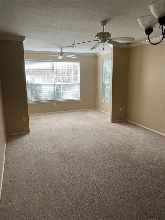 A carpeted room features two ceiling fans, tan walls, and windows with white blinds — 3355 S KIRKMAN ROAD UNIT 1324, ORLANDO, FL