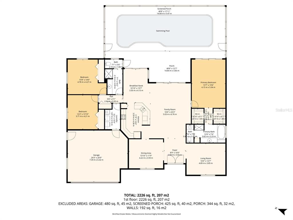 This is a floor plan for a single-story house with a pool and screened porch — 1956 WHITE FEATHER LANE, NOKOMIS, FL