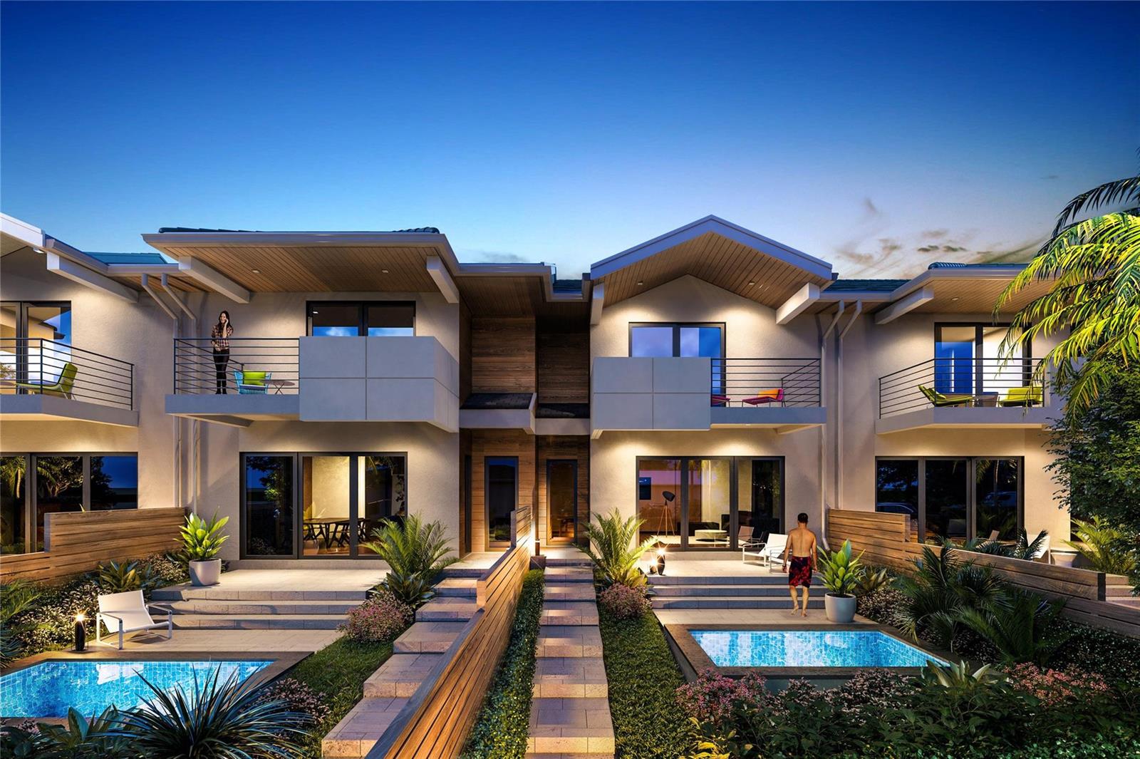 A rendering of a modern two-story townhouse complex featuring private pools and balconies at dusk — 3867 NE 23rd Avenue # 6, Lighthouse Point FL 33064, LIGHTHOUSE POINT, FL