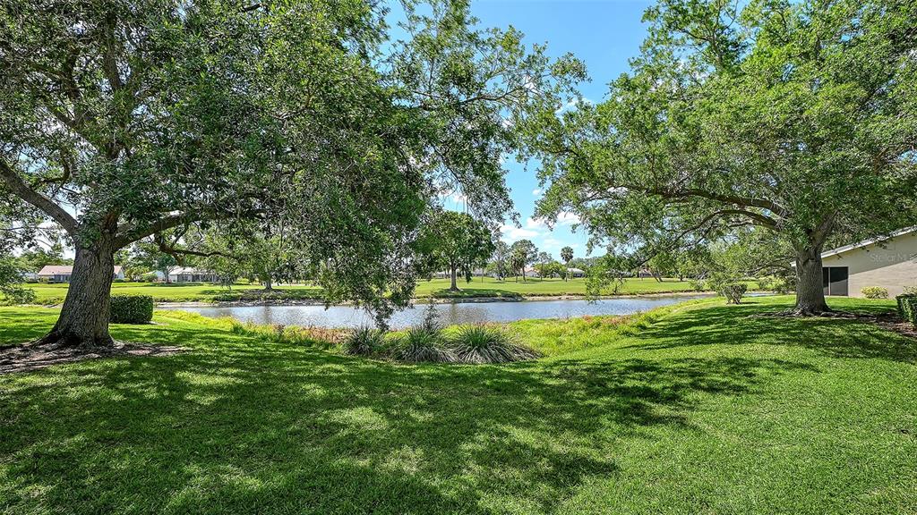 A grassy lawn leads to a pond framed by large trees under a blue sky — 5456 HAMPSTEAD HEATH UNIT 20, SARASOTA, FL