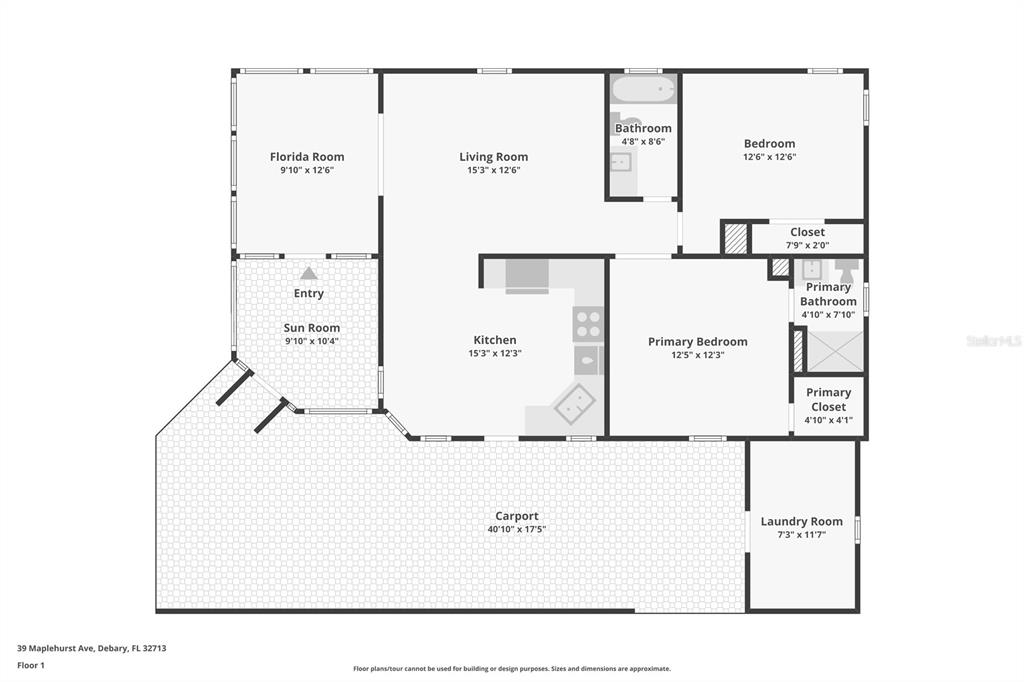 This is a floor plan for a single-story house with a carport and laundry room — 39 MAPLEHURST AVENUE, DEBARY, FL