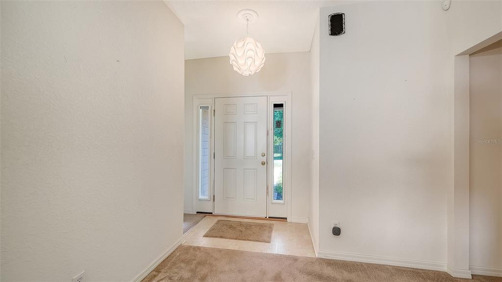 An entryway features a white front door with sidelights, a textured pendant light, and carpeting — 2452 ASHTON ROAD, SARASOTA, FL
