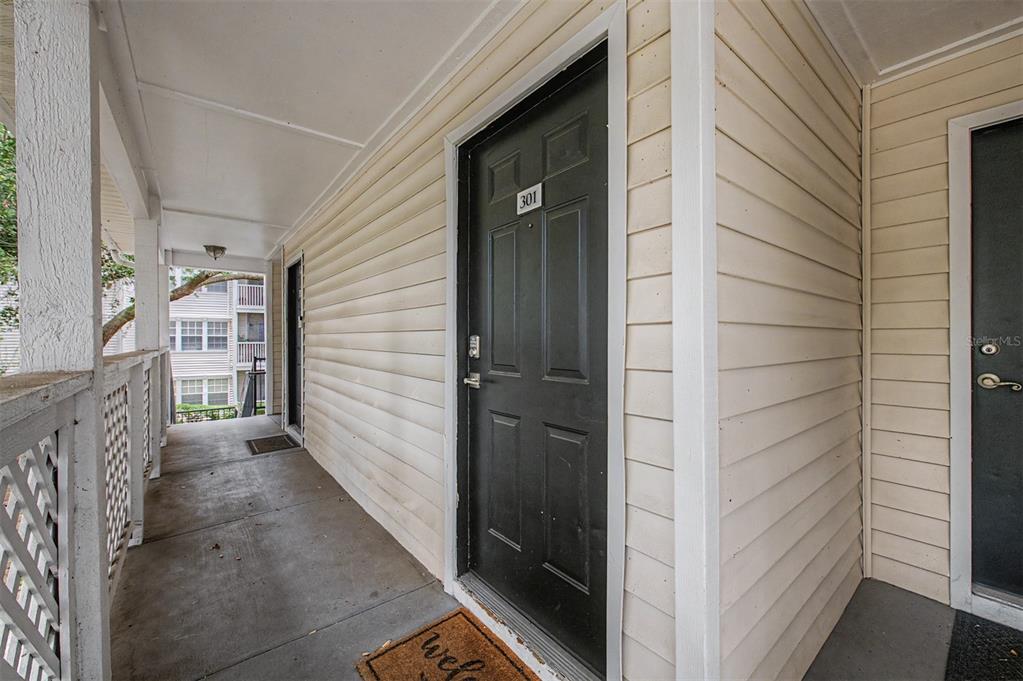 An exterior view of a covered apartment building walkway with two dark entry doors — 3270 HAVILAND COURT UNIT 301, PALM HARBOR, FL