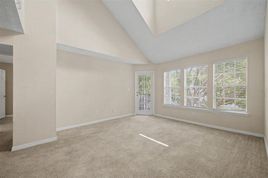 An empty room with beige carpet, vaulted ceilings, and a glass-paned door leading outside — 3270 HAVILAND COURT UNIT 301, PALM HARBOR, FL