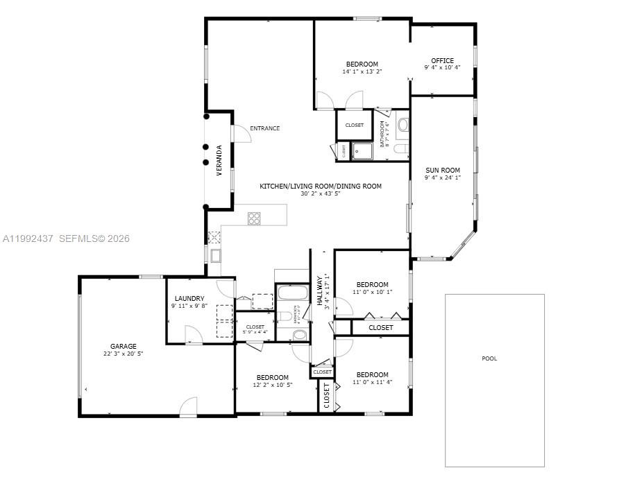 This is a floor plan of a house featuring four bedrooms, a pool, and garage — 8622 Baylor Cir, Orlando FL 32817, ORLANDO, FL