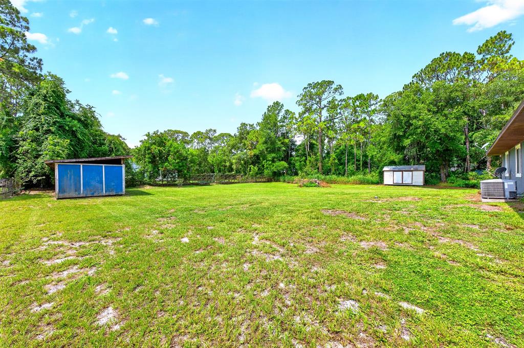 A large, grassy backyard features two small storage sheds and a dense line of trees — 4585 VANCOUVER AVENUE, COCOA, FL