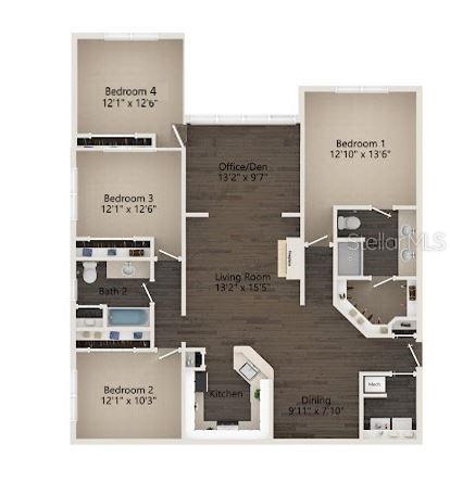 This floor plan shows a four-bedroom apartment with an open living area and kitchen — 3361 S KIRKMAN ROAD UNIT 821, ORLANDO, FL