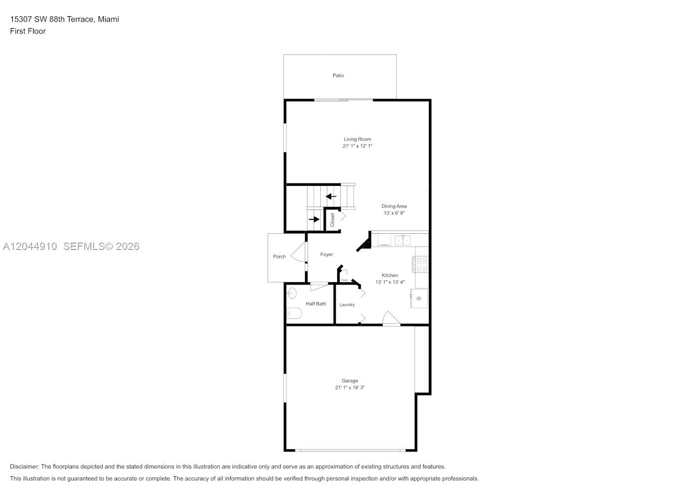 This is a floor plan of a first-floor level featuring a garage, kitchen, and patio — MIAMI, FL