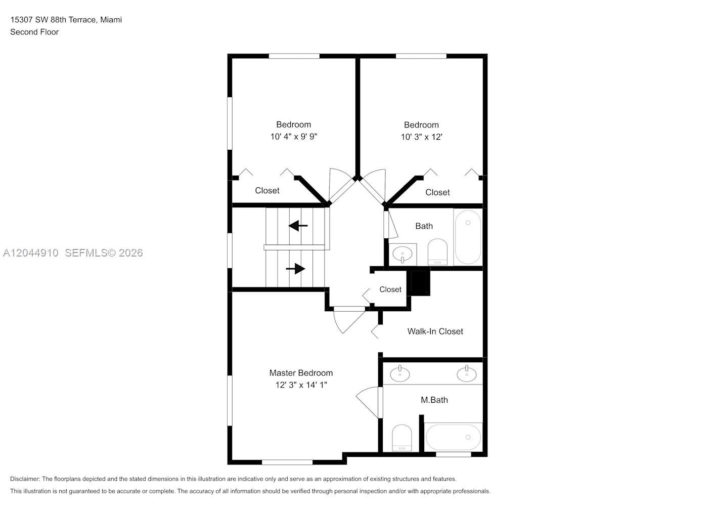 This is a floor plan of a second-floor residential layout with three bedrooms and two bathrooms — MIAMI, FL