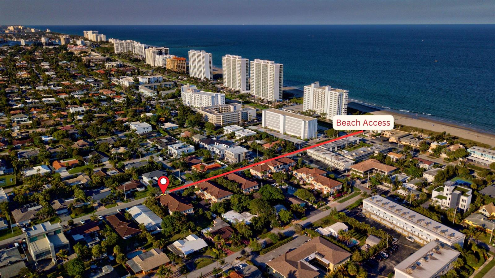 An aerial view shows a residential neighborhood with a red line indicating a beach access path — 1950 Ne 7th St # 105, Deerfield Beach FL 33441, DEERFIELD BEACH, FL