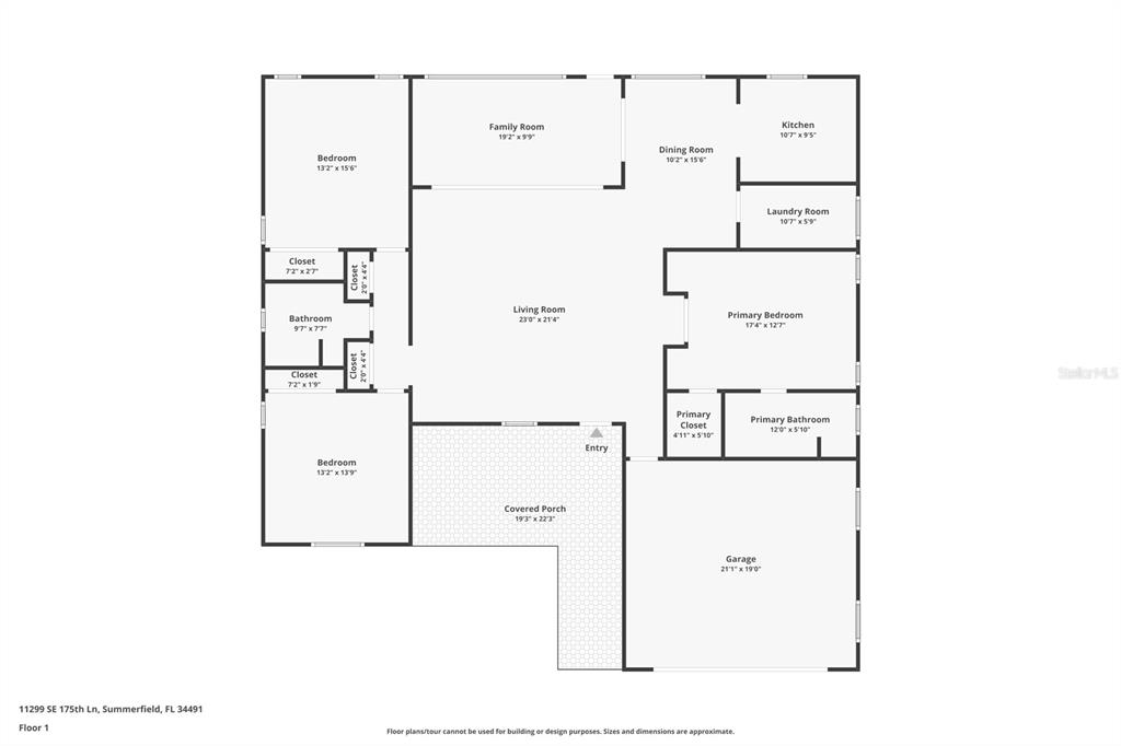 This floor plan shows a single-story house with three bedrooms, a garage, and a porch — 11299 SE 175TH LANE, SUMMERFIELD, FL