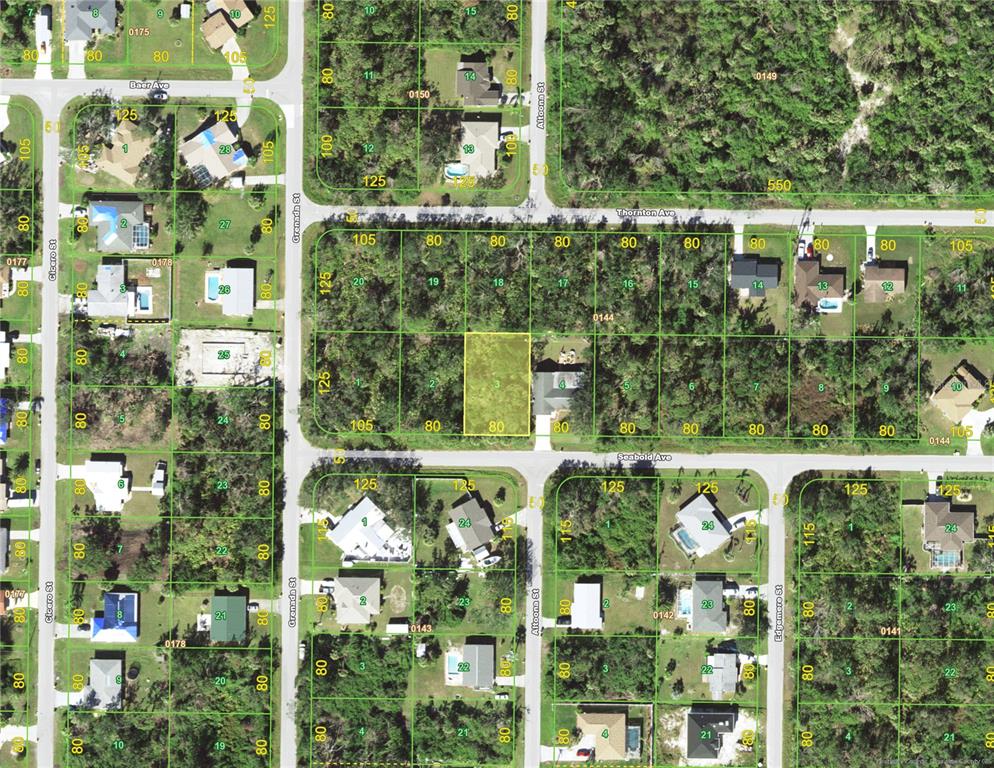 This is an aerial map showing residential lots and streets in a suburban neighborhood — 746 SEABOLD AVENUE NW, PORT CHARLOTTE, FL