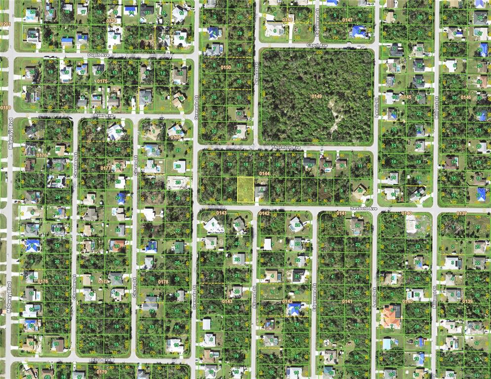 This is a satellite map showing a residential neighborhood with streets and property lot lines — 746 SEABOLD AVENUE NW, PORT CHARLOTTE, FL