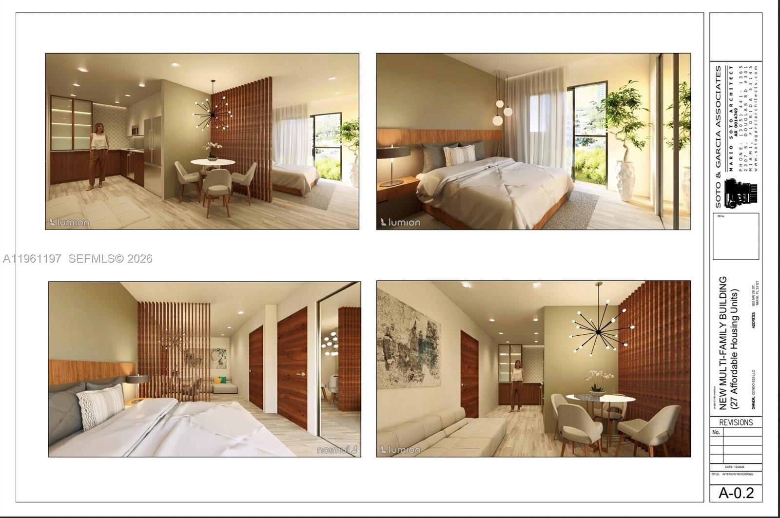 This architectural rendering shows four interior views of a modern apartment with wood-slat partitions — 925 NW 28th St, Miami FL 33127, MIAMI, FL