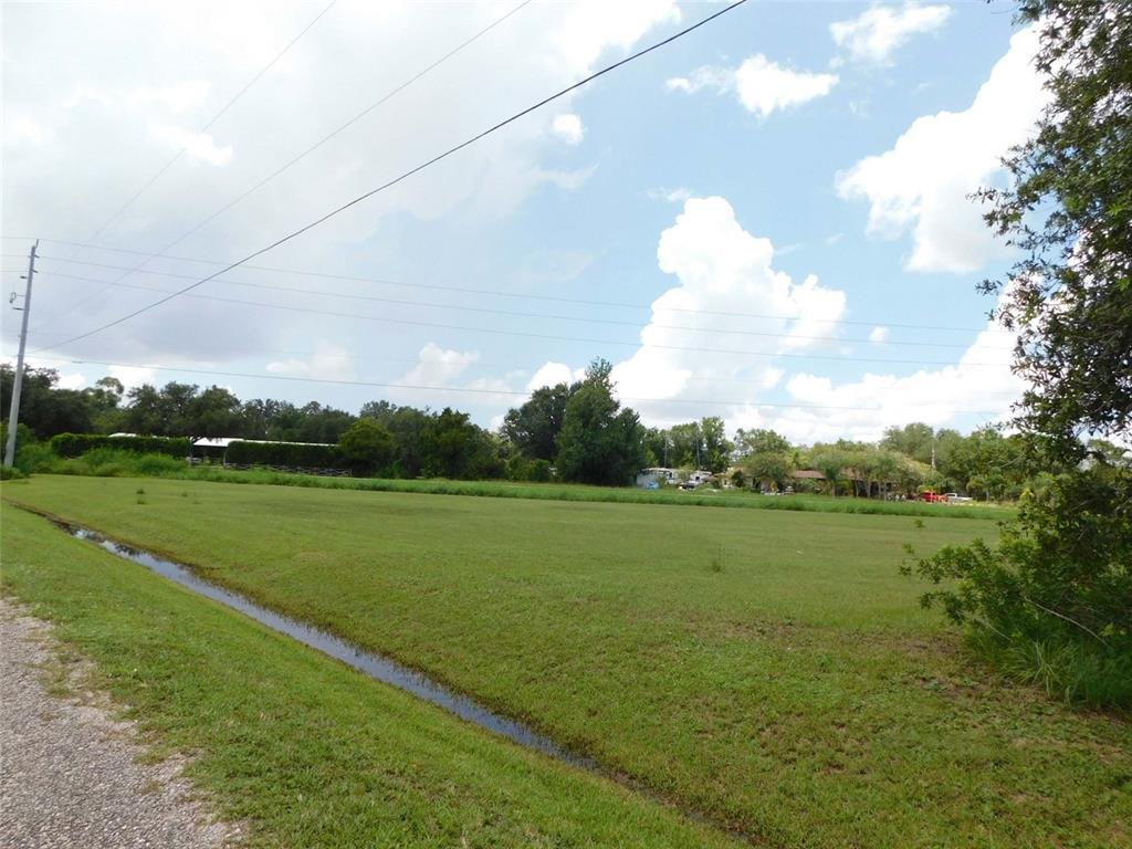 A large, grassy vacant lot features a drainage ditch along the edge under a cloudy sky — 10099 SW KISSIMMEE ROAD, ARCADIA, FL