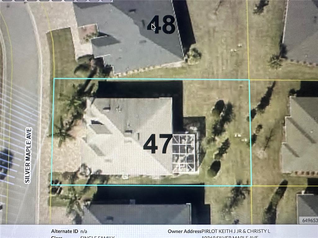 This is an aerial map showing a residential property lot labeled 47 — 10369 SILVER MAPLE AVENUE, OXFORD, FL
