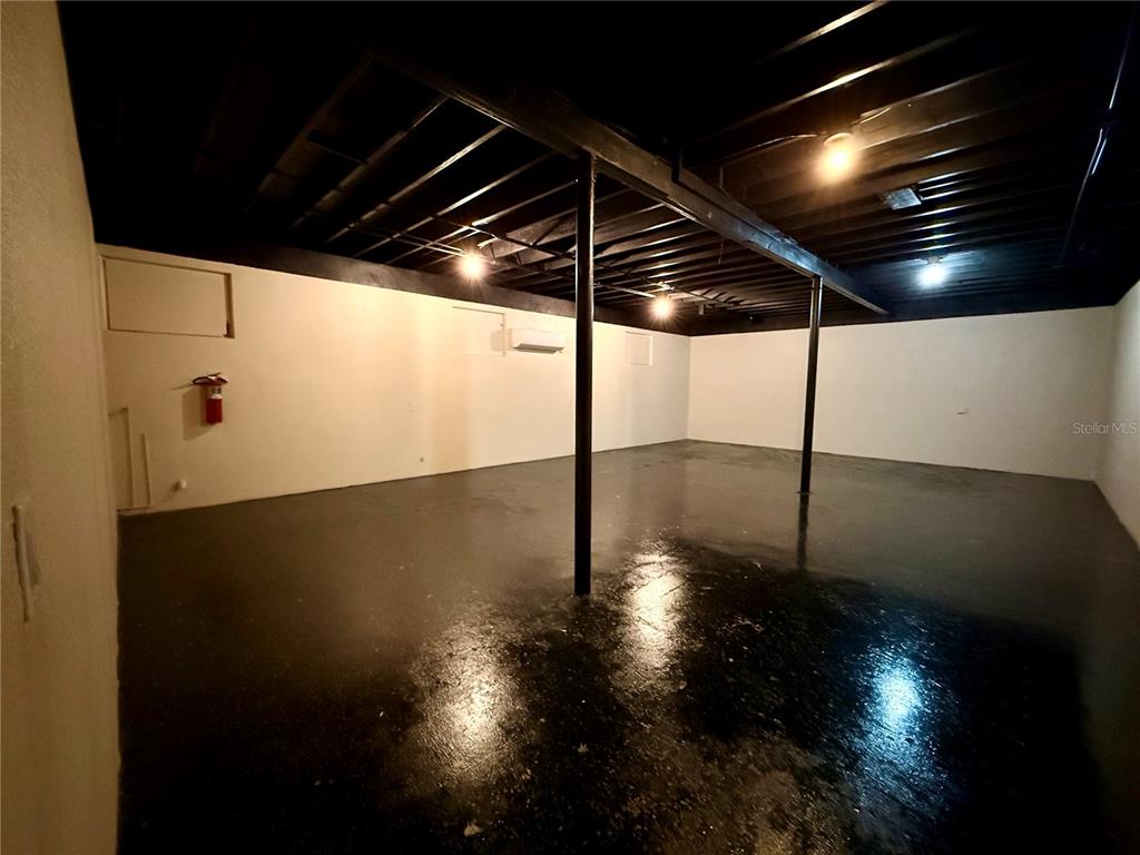 An unfinished basement with black painted ceiling joists, white walls, and a dark concrete floor — 209 PONCE DE LEON BOULEVARD, BROOKSVILLE, FL