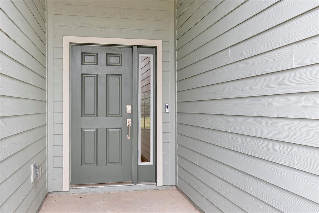 A gray front door with a side window is set into light green horizontal siding — 19426 SW 79TH STREET, DUNNELLON, FL
