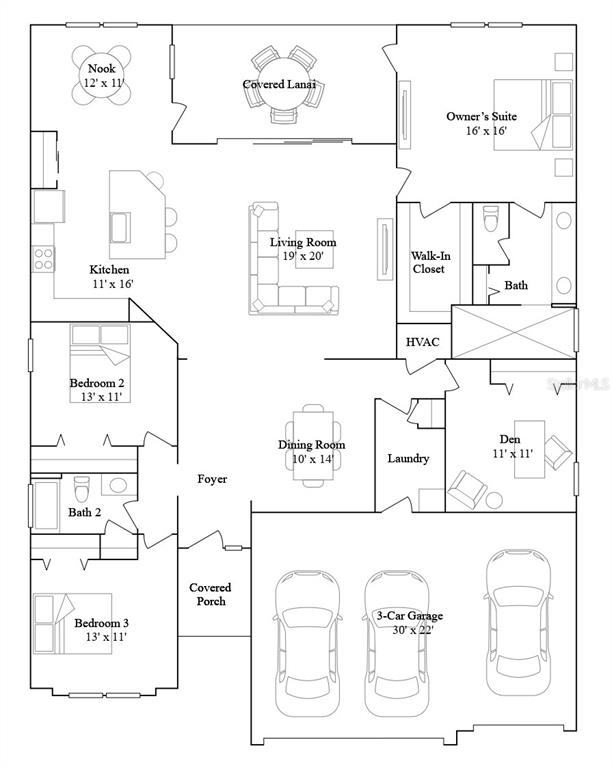 This is a floor plan for a single-story house with three bedrooms and a garage — 19426 SW 79TH STREET, DUNNELLON, FL