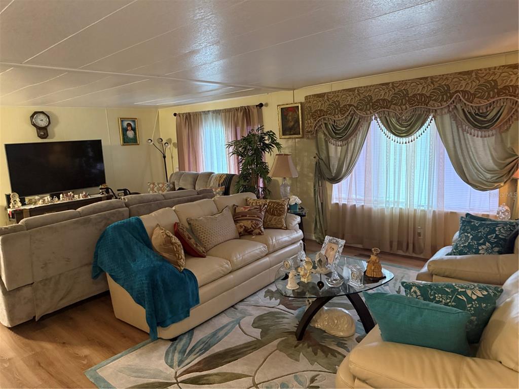 A living room features light-colored sofas, a glass coffee table, and decorative window valances — 8869 HIGHPOINT BOULEVARD, BROOKSVILLE, FL