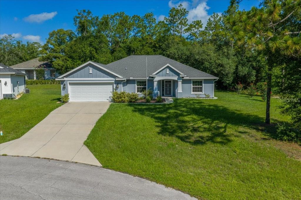 A single-story house with a blue exterior, a two-car garage, and a concrete driveway — 9928 SW 194TH COURT, DUNNELLON, FL