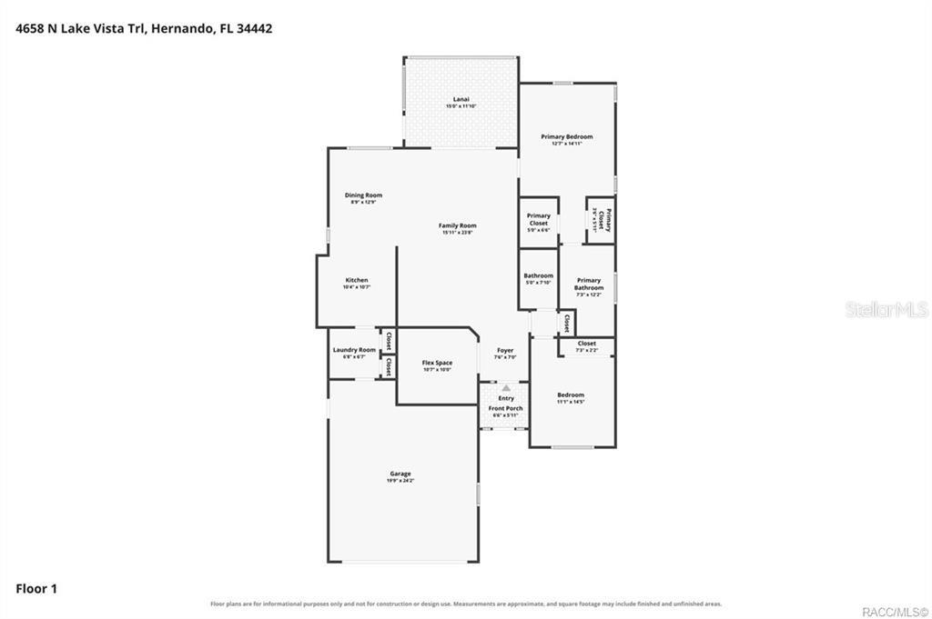 This is a floor plan for a single-story house with a garage and a lanai — 4658 N LAKE VISTA TRAIL, HERNANDO, FL