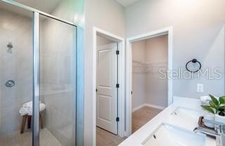 A bathroom features a glass-enclosed shower, a doorway to a walk-in closet, and a vanity — 16871 SW 25TH COURT, OCALA, FL
