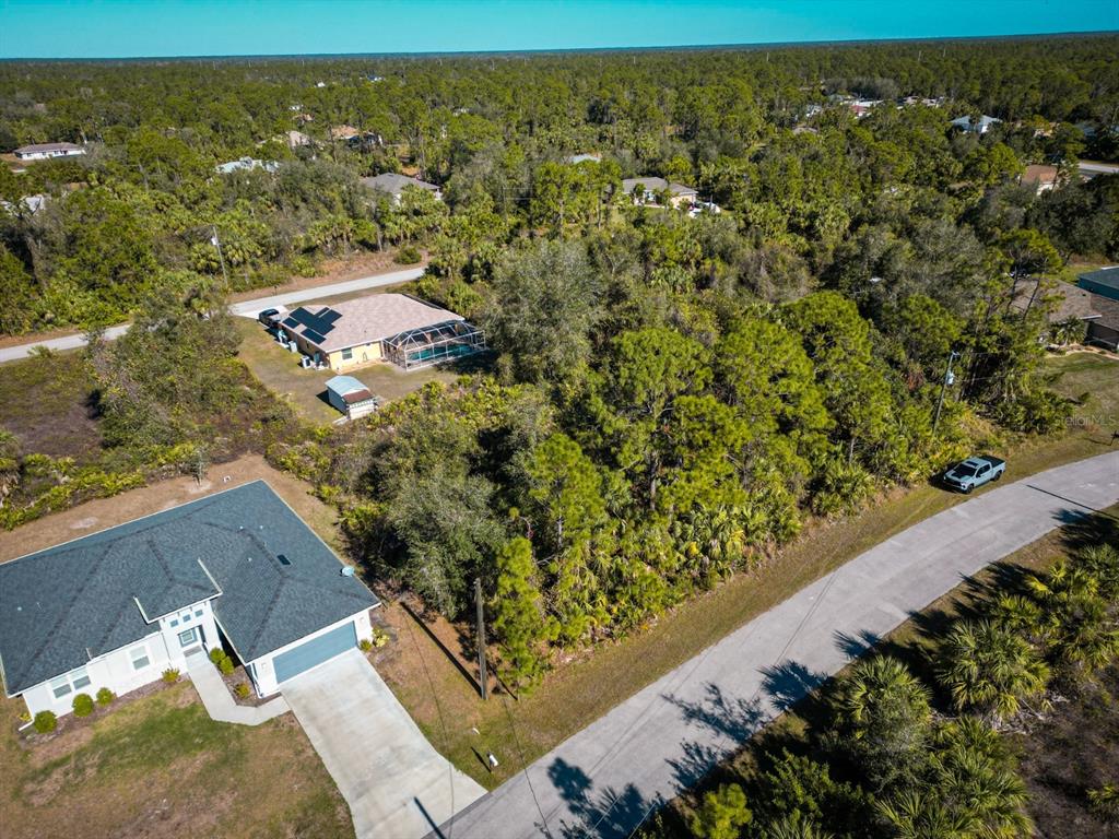 An aerial view shows a residential lot with dense trees situated between two houses — BELCHER AVENUE, NORTH PORT, FL