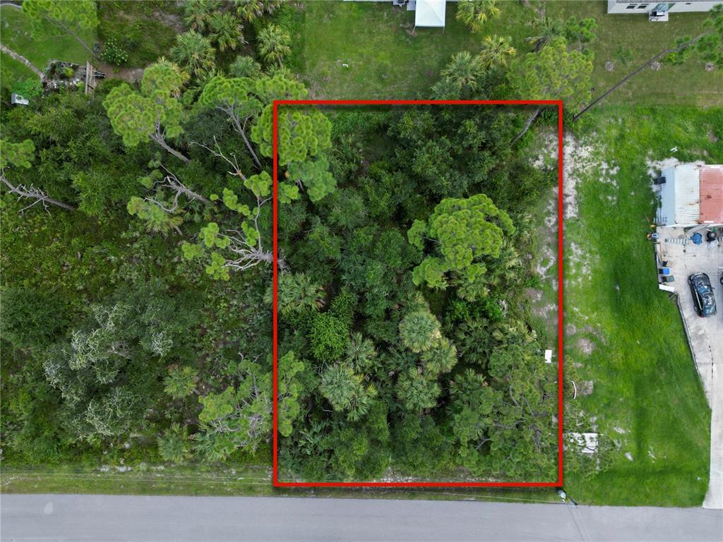 An aerial view shows a rectangular, tree-covered vacant lot outlined in red next to a road — LEESBURG AVENUE, NORTH PORT, FL