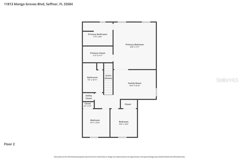This is a floor plan of a house's second level showing bedrooms, bathrooms, and closets — 11813 MANGO GROVES BOULEVARD, SEFFNER, FL