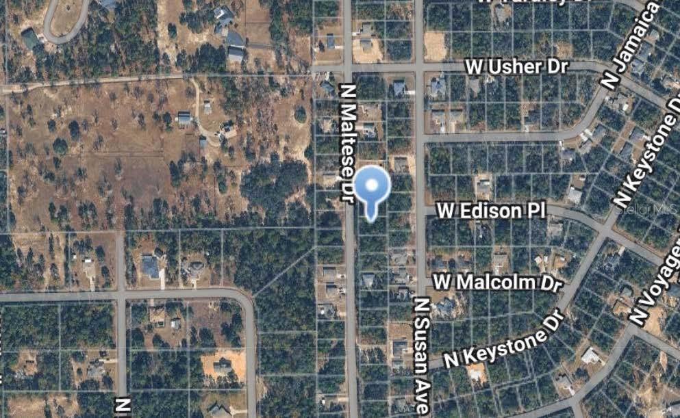 This is an aerial map view showing a vacant lot marked with a blue location pin — 7745 N MALTESE DRIVE, CITRUS SPRINGS, FL
