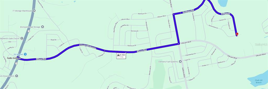 This is a map showing a driving route along Elkcam Boulevard to a destination — Lot 44 Unit 8 Blk 495 DEVONSHIRE DRIVE, CHIPLEY, FL