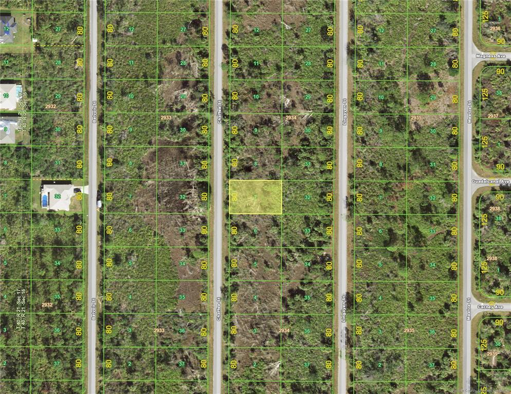 This is a satellite map showing a grid of undeveloped residential land parcels — 2136 CHAFFEE STREET, PORT CHARLOTTE, FL