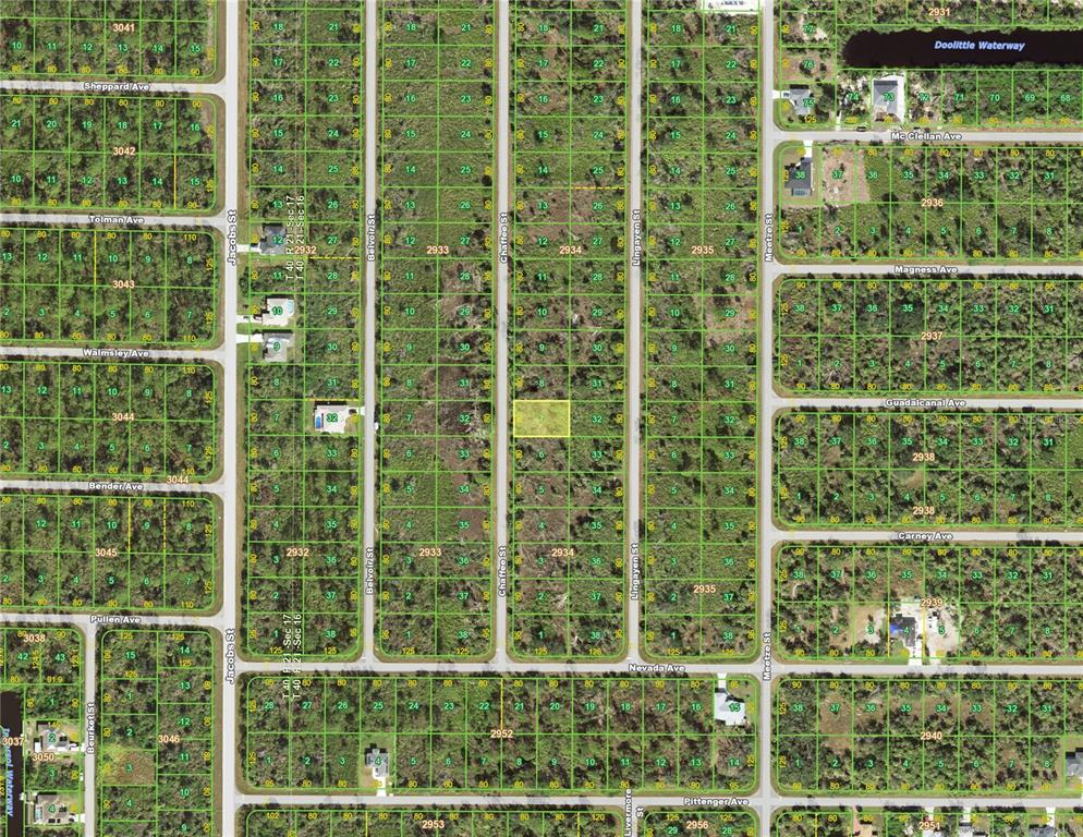 This is a satellite map showing undeveloped residential lots in a grid layout — 2136 CHAFFEE STREET, PORT CHARLOTTE, FL