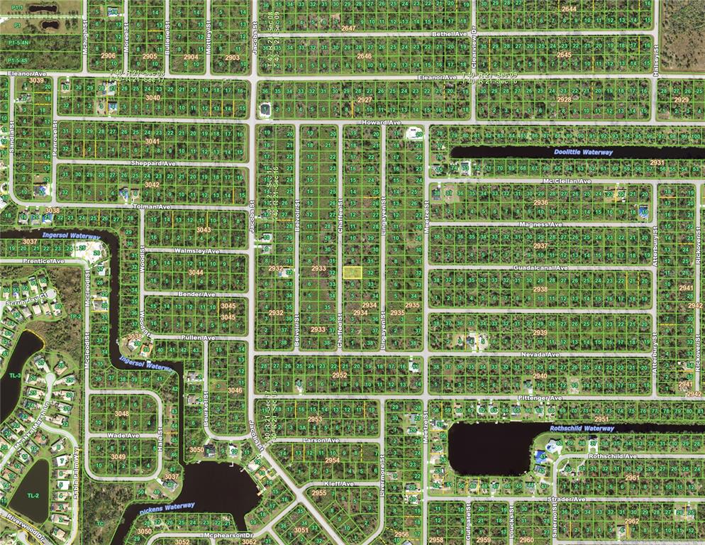This is a detailed land survey map showing residential lots, streets, and waterways — 2136 CHAFFEE STREET, PORT CHARLOTTE, FL