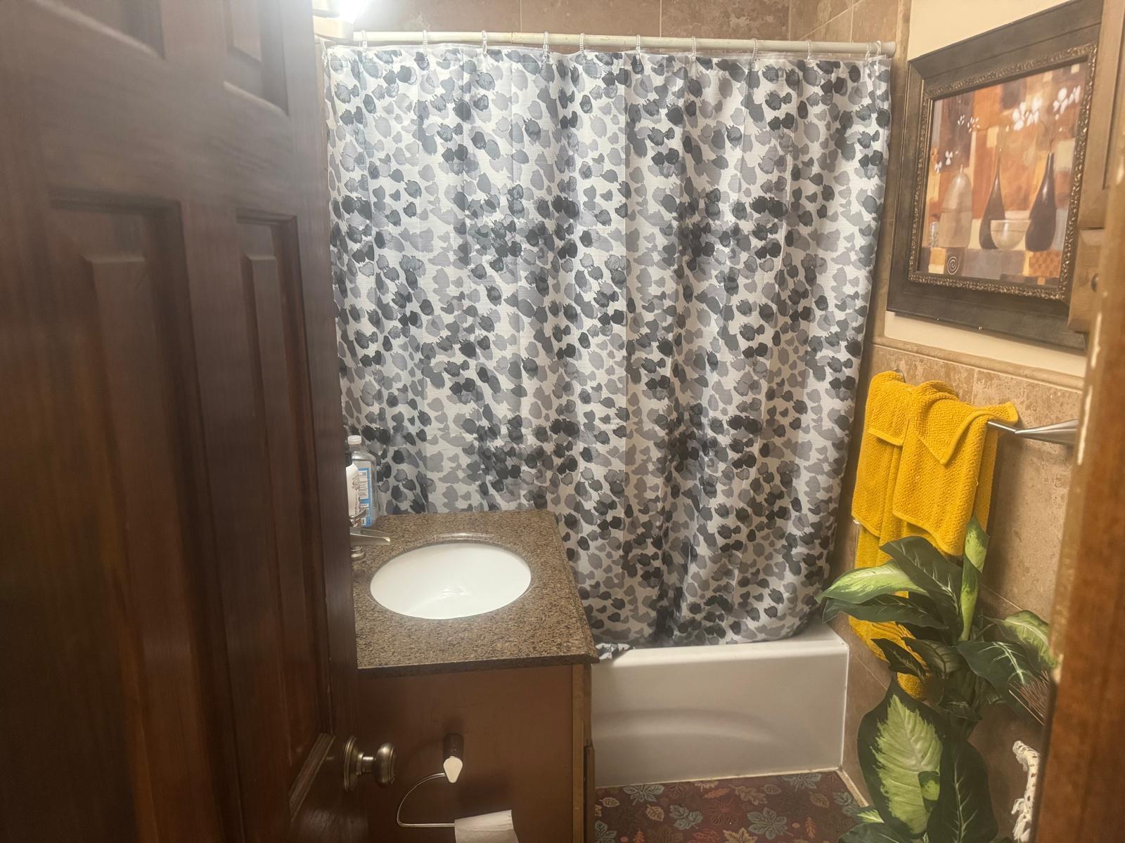 A bathroom features a vanity with a granite countertop, a bathtub, and a patterned curtain — 6218 NW 17th Street, Margate FL 33063, MARGATE, FL