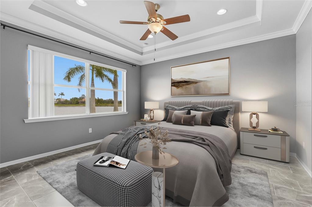 A bedroom with gray walls, a tray ceiling, a ceiling fan, and a view of palms — 7360 TALON BAY DRIVE, NORTH PORT, FL