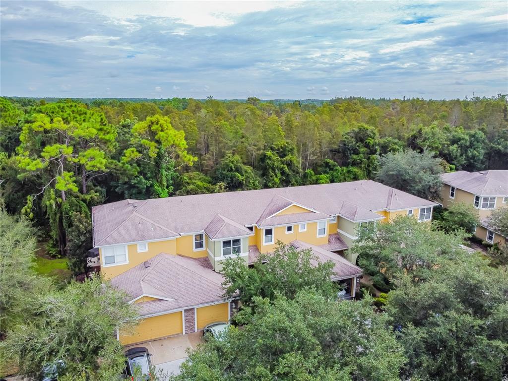 An aerial view of a yellow multi-unit townhouse with a shingled roof and garages — 8116 STONE PATH WAY, TAMPA, FL