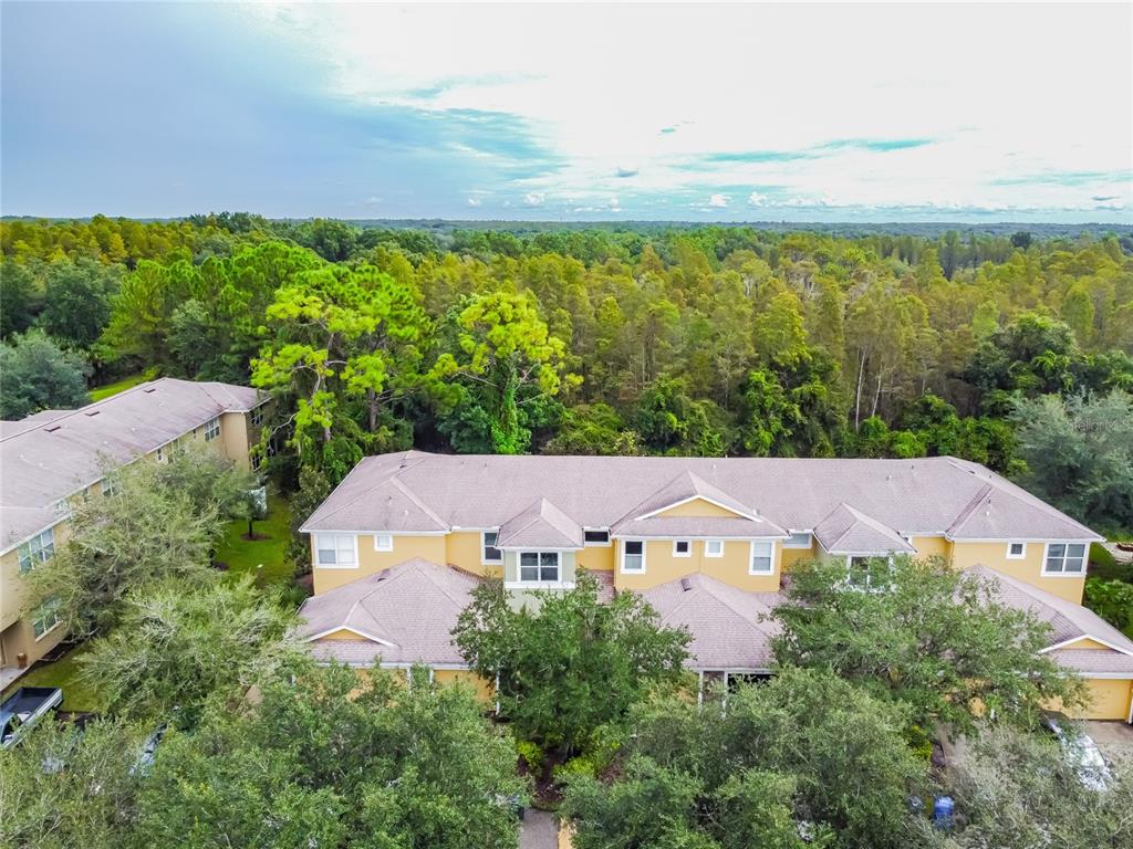 An aerial view shows the exterior of a multi-story apartment building surrounded by trees — 8116 STONE PATH WAY, TAMPA, FL