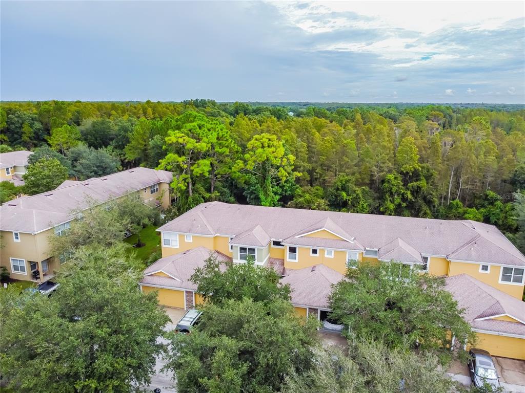 An aerial view shows yellow multi-story townhomes surrounded by dense trees under a cloudy sky — 8116 STONE PATH WAY, TAMPA, FL