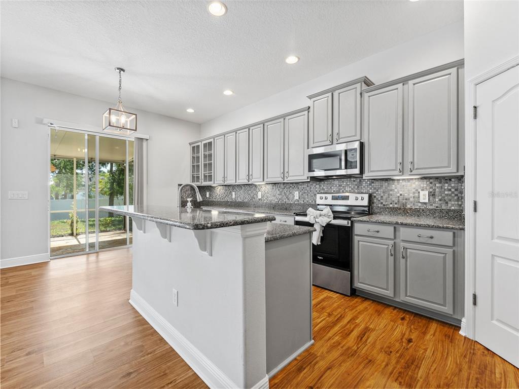 A kitchen with gray cabinets, granite countertops, a tile backsplash, and wood-look flooring — 7606 S SPARKMAN STREET, TAMPA, FL