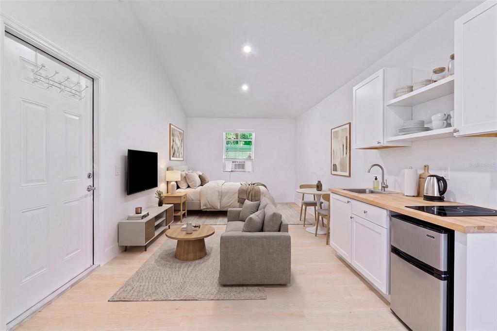 A studio apartment features a kitchenette, a living area with a sofa, and a bed — 802 W CORAL STREET, TAMPA, FL