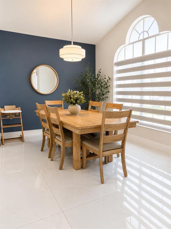 A dining room features a wooden table, chairs, a blue accent wall, and a large window — 3728 COLD CREEK DRIVE, VALRICO, FL