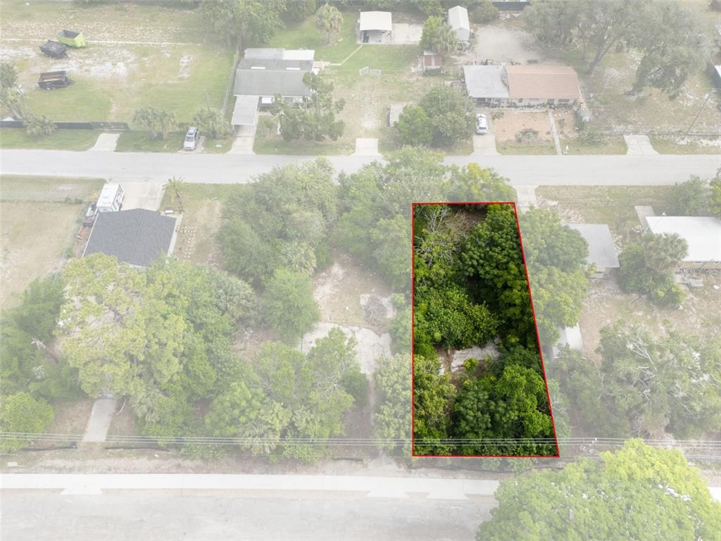An aerial view shows a rectangular, tree-covered vacant lot outlined in red — 7101 JOHNSON ROAD, PORT RICHEY, FL
