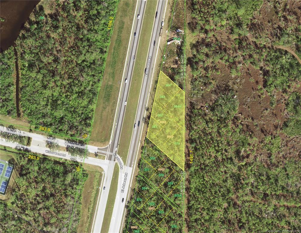 An aerial map shows a highlighted parcel of land adjacent to a divided highway — 3536 EL JOBEAN ROAD, PORT CHARLOTTE, FL