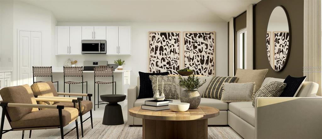 This is a rendering of a modern living room and kitchen with neutral-toned furniture — 3619 ROLLING RIDGE BEND, DAVENPORT, FL