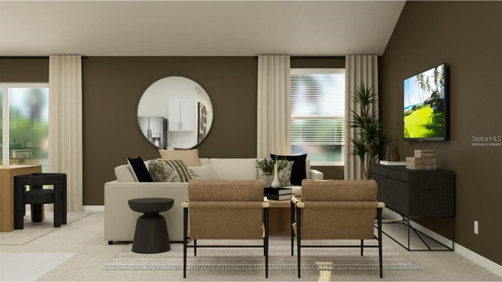 This is a virtually staged living room with dark brown walls, a sofa, and two chairs — 3619 ROLLING RIDGE BEND, DAVENPORT, FL